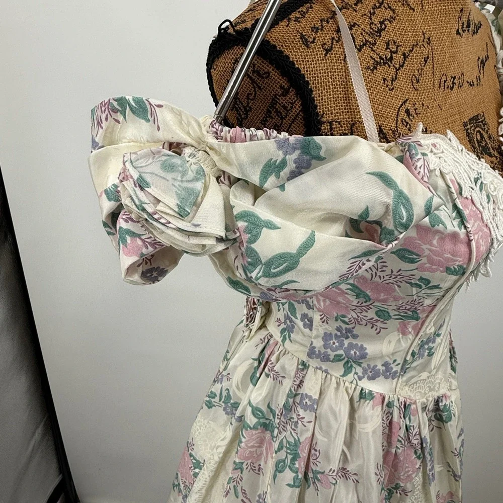 Vtg Scott McClintock Floral Dress Sz 6 Puff Sleeve Lace Cottage Coquette Basque - Picture 9 of 15